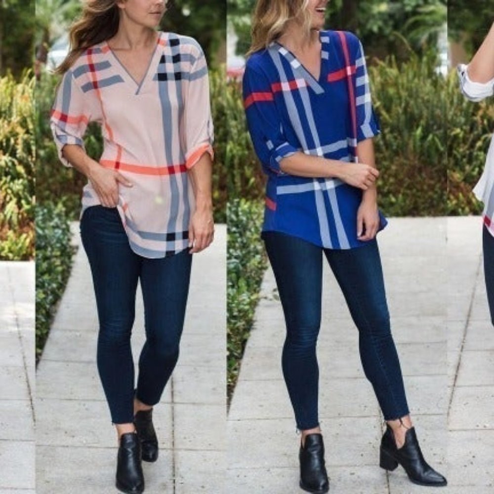 (M) (white)Plaid Roll Tab Blouse